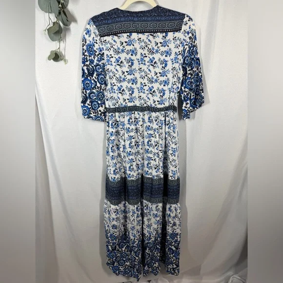 FP To Love | Maxi Dress Boho Blue Floral White Button Down Women’s Size Small - Picture 4 of 13